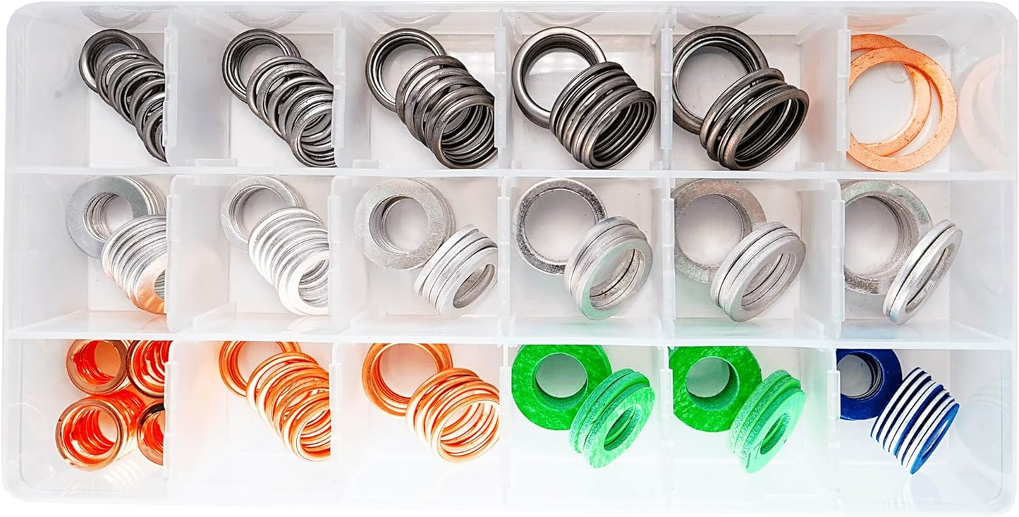 18 Sizes Master Oil Drain Plug Gaskets Washers Assortment Kits Fit for Toyota Honda BMW Chevrolet Replace 90430-12031 94109-14000 21513-23001 11026-01M02 11137546275