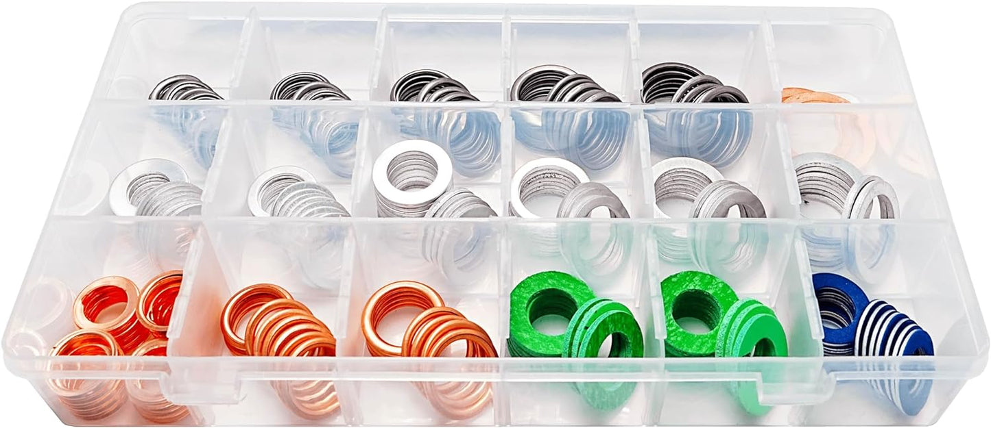 18 Sizes Master Oil Drain Plug Gaskets Washers Assortment Kits Fit for Toyota Honda BMW Chevrolet Replace 90430-12031 94109-14000 21513-23001 11026-01M02 11137546275
