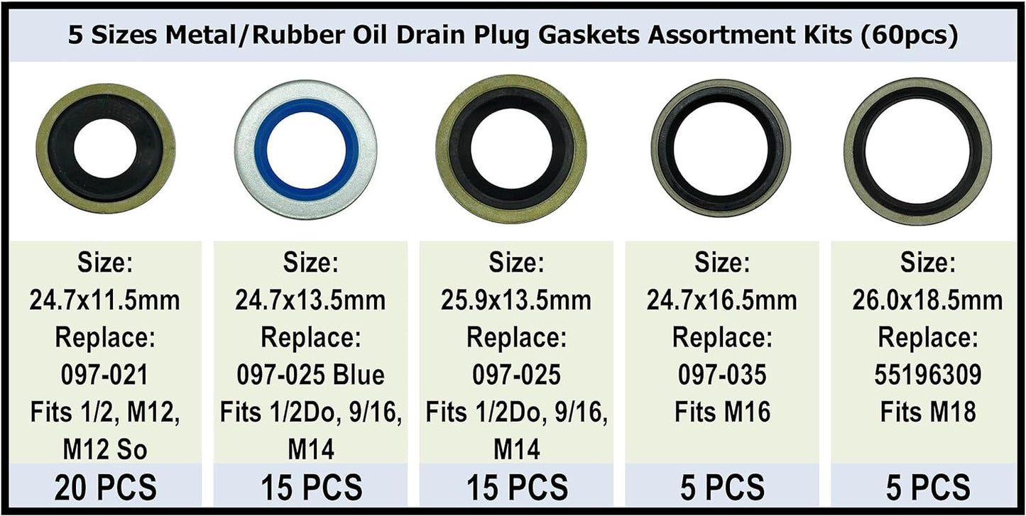 Metal/Rubber Oil Drain Plug Gasket Assortment Kits fit for Ford and Chevrolet Replace 097-021 097-025 097-035 55196309
