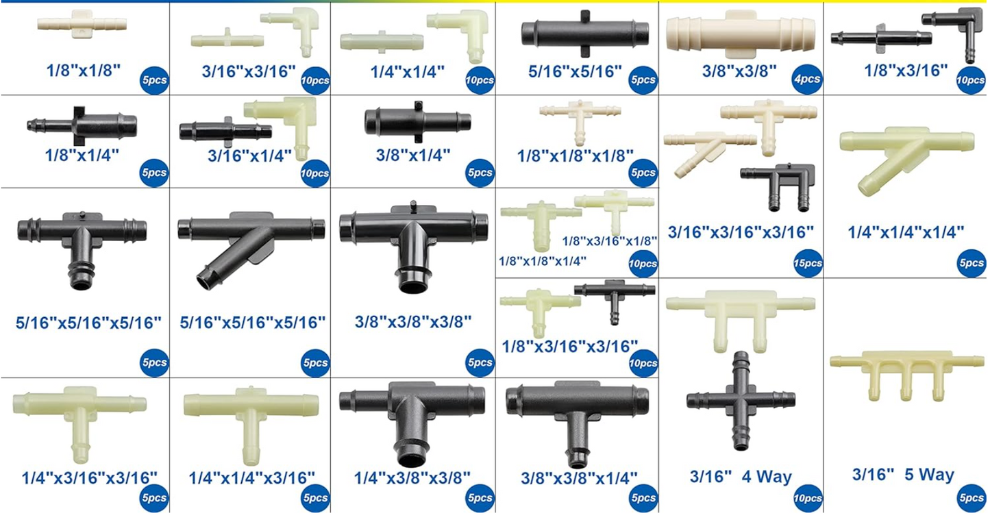 32 Size Automotive Vacuum Tubing Connector Vacuum Tee Connector Assortment Kit 1/8" 3/16" 1/4" 5/16" 3/8"