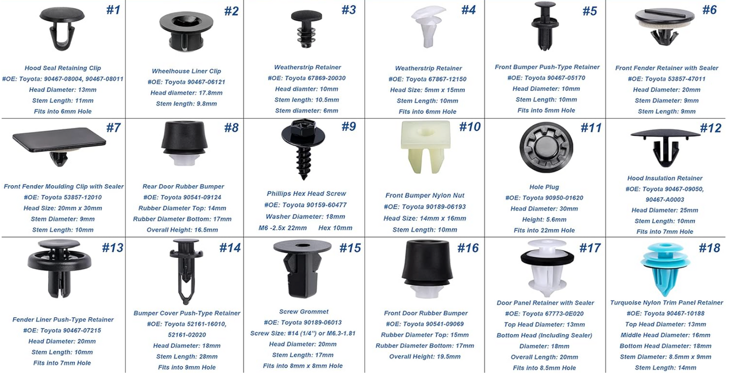 259pcs Toyota & Lexus Body Interior and Exterior Retainer Fastener Clip Assortment