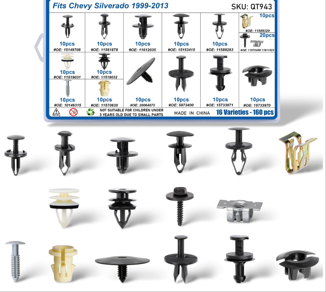 160pcs for Chevy Silverado 1999-2013 Body Interior and Exterior Retainer Fastener Clip Assortment Bumper Cover Fender Liner Bolt Nut Air Deflector Retainer Kit