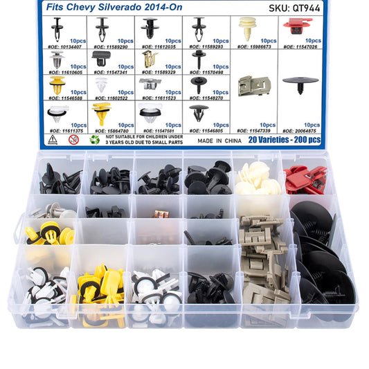 200pcs for Chevy Silverado 2014-On Body Interior and Exterior Retainer Fastener Clip Assortment Bumper Cover Fender Liner Door Trim Panel Retainers, Rocker & Pillar Panel Molding Clips Kit