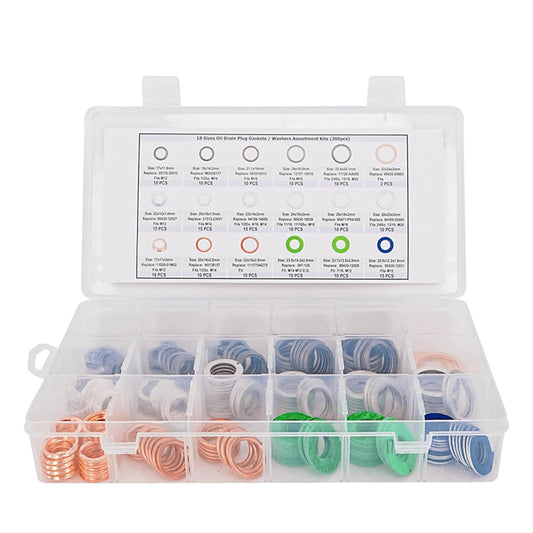 18 Sizes Master Oil Drain Plug Gaskets Washers Assortment Kits Fit for Toyota Honda BMW Chevrolet Replace 90430-12031 94109-14000 21513-23001 11026-01M02 11137546275