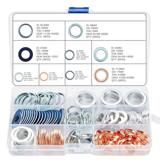 140PCS Oil Drain Plug Gasket Assortment for Toyota Honda Nissan Subaru 11026-01M02 90430-12031 94109-14000 94109-20000 11126-AA000 N0138157