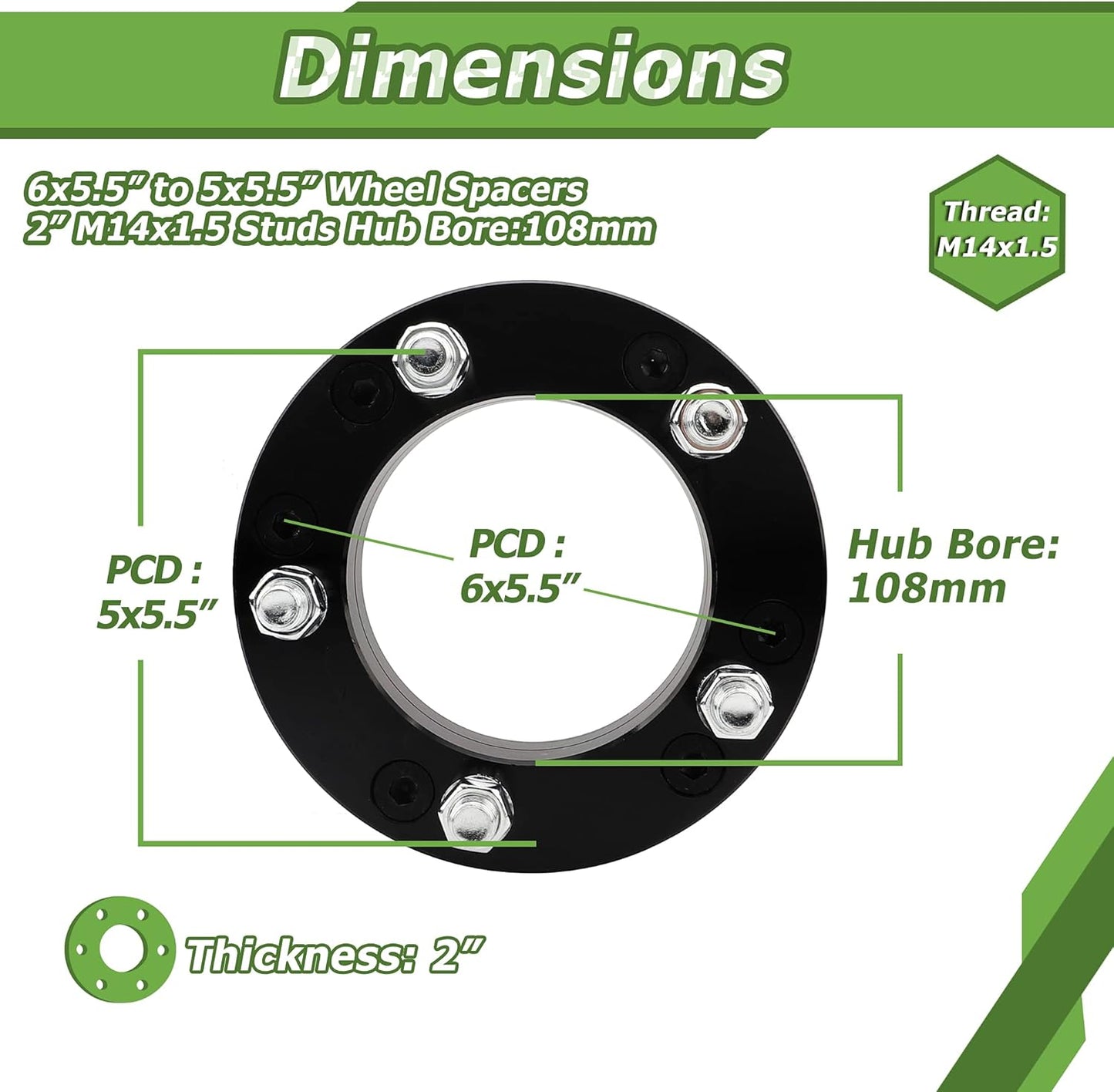 2PCS 6x5.5 to 5x5.5 Wheel adapters, 2 inch 6x139.7mm to 5x139.7mm Wheel adapters 108mm Hub bore with 14x1.5 Thread Pitch