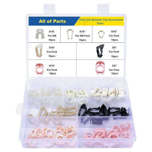 Fuel Line Retainer Clip Assortment Kit, 5/16" and 3/8" Fuel lines, 7 Popular Sizes Compatible with Ford GM