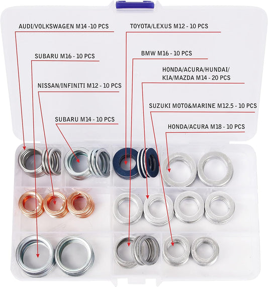 Oil Drain Plug Washer Gasket Assortment – M12 M12.5 M14 M16 M18 M20 - Replacement for Nissan/Toyota/Audi/Volkswagen/Honda/Hyundai/Kia/Mazda/BMW/Subaru
