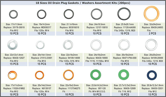 18 Sizes Master Oil Drain Plug Gaskets Washers Assortment Kits Fit for Toyota Honda BMW Chevrolet Replace 90430-12031 94109-14000 21513-23001 11026-01M02 11137546275