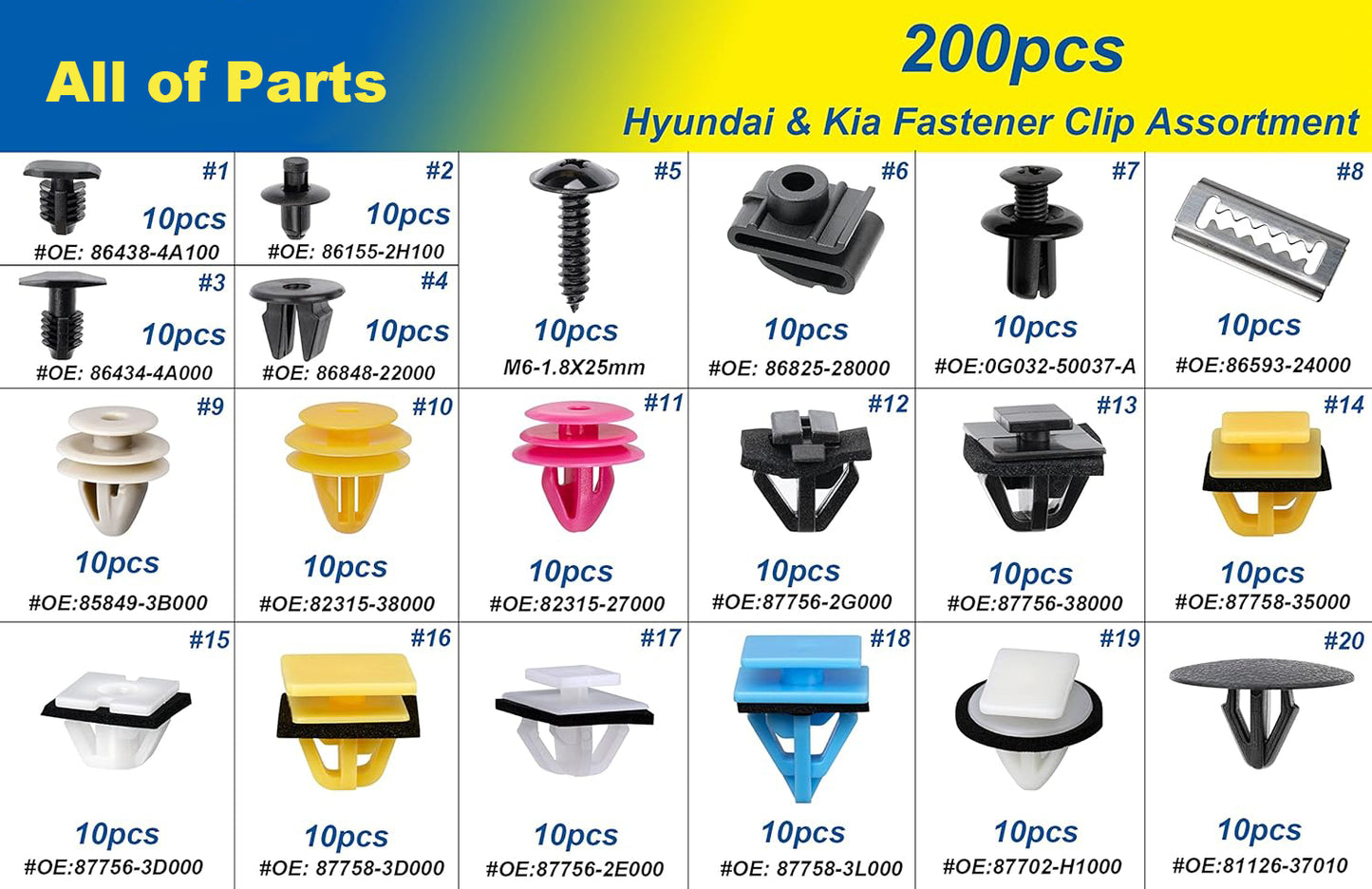 200pcs for Hyundai & Kia Body Interior and Exterior Retainer Fastener Clip Assortment