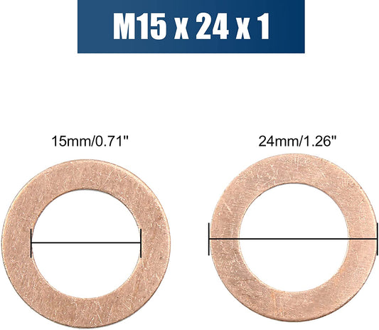 200pcs Metric M15x24x1mm Copper Flat Washer gasket Copper crush washer Sealing Ring for Screw Bolt Nut